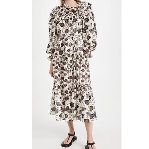 Ulla Johnson Winnifred Floral Long Sleeve Midi Dress Cotton Smocked Casual